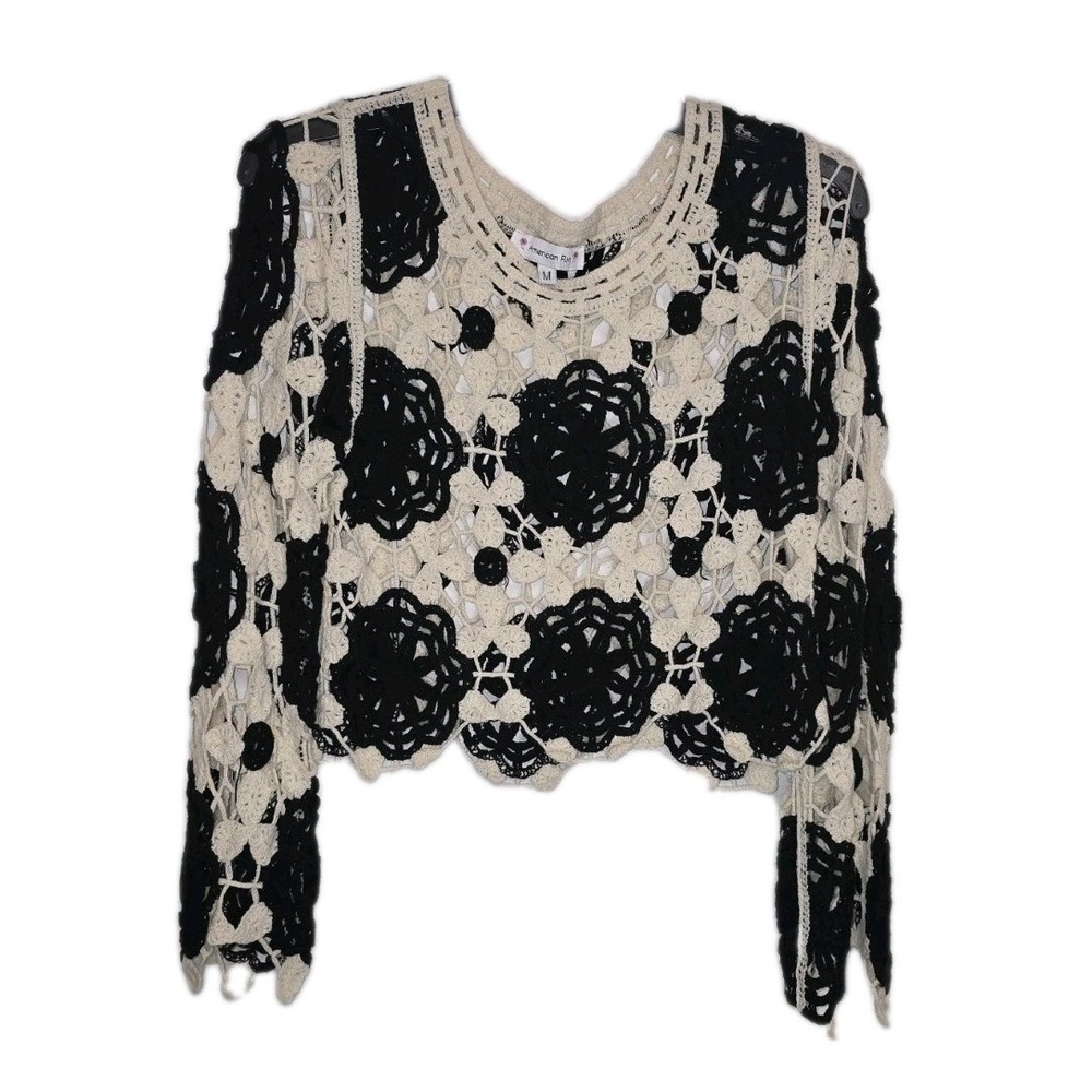 American Flirt Crochet Crop Top Boho Floral Black‎ Cream Size M EUC 🌼🖤